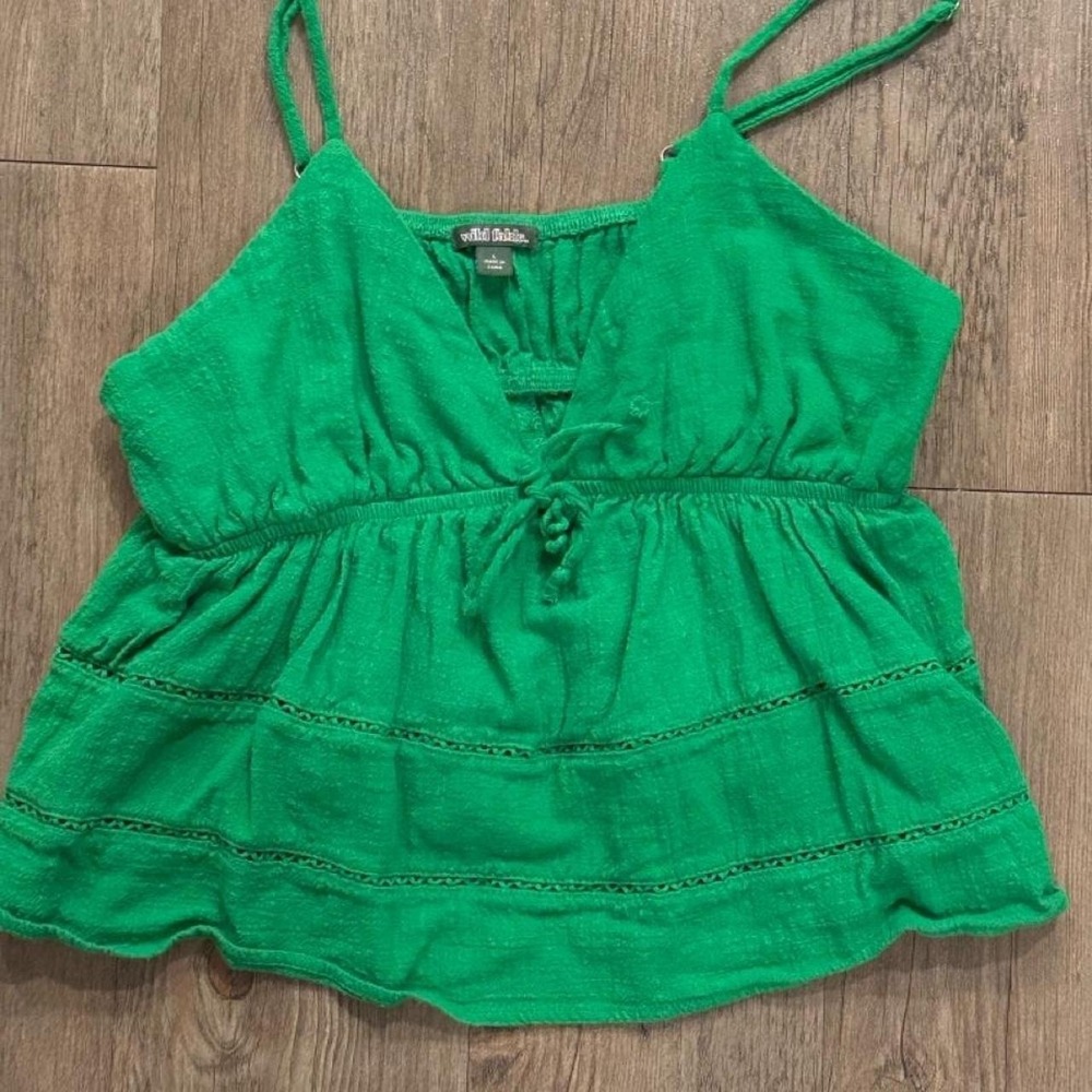 Babydoll feminine ethereal green crop top tank with eyelet lace trim